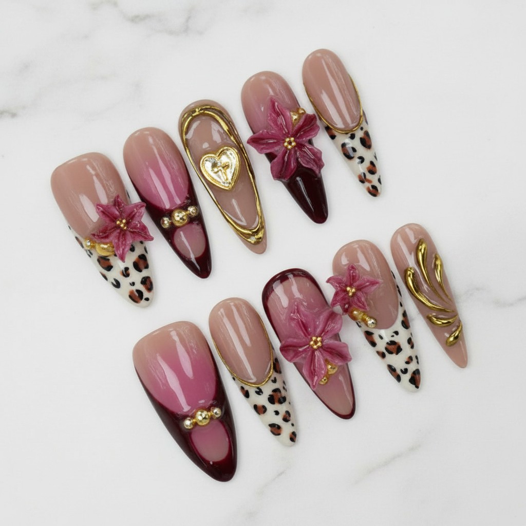 Full set 10 leopard print mauve ombre 3D floral gold charm custom press-on nails on marble — LuxepressCo