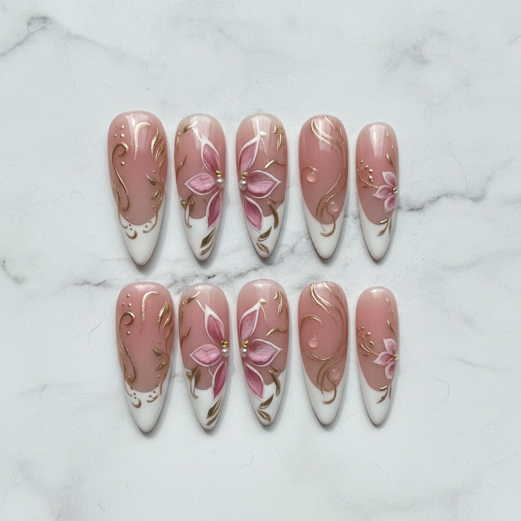 Flat lay top-down 10 dusty rose pink magnolia gold filigree pearl custom press-on nails white marble — LuxepressCo
