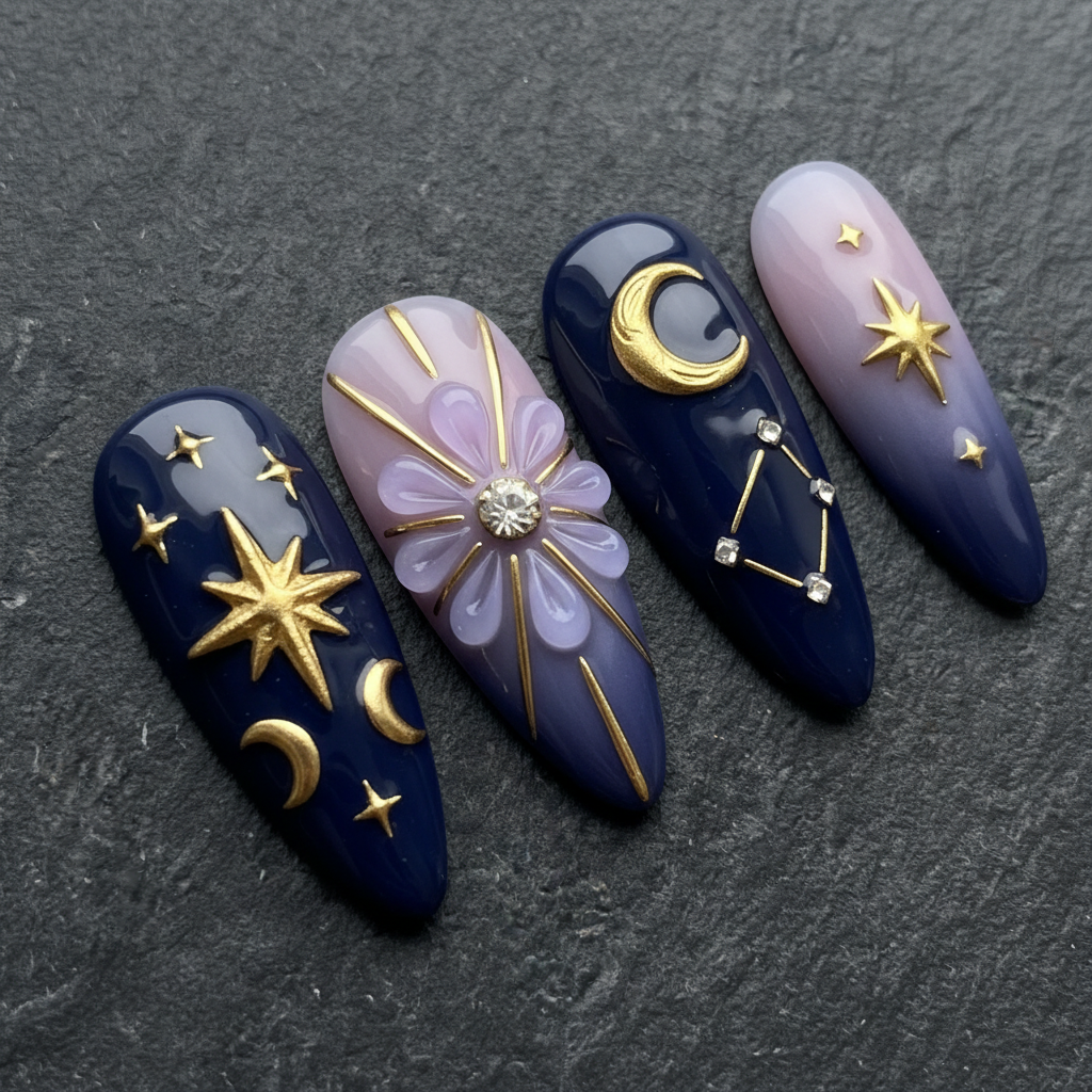 Macro close-up 3D gold star moon charm rhinestone custom press-on nails dark background — LuxepressCo