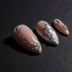 Silver chrome 3D vine leaf crystal rhinestone custom press-on nails macro close-up dark dramatic — LuxepressCo