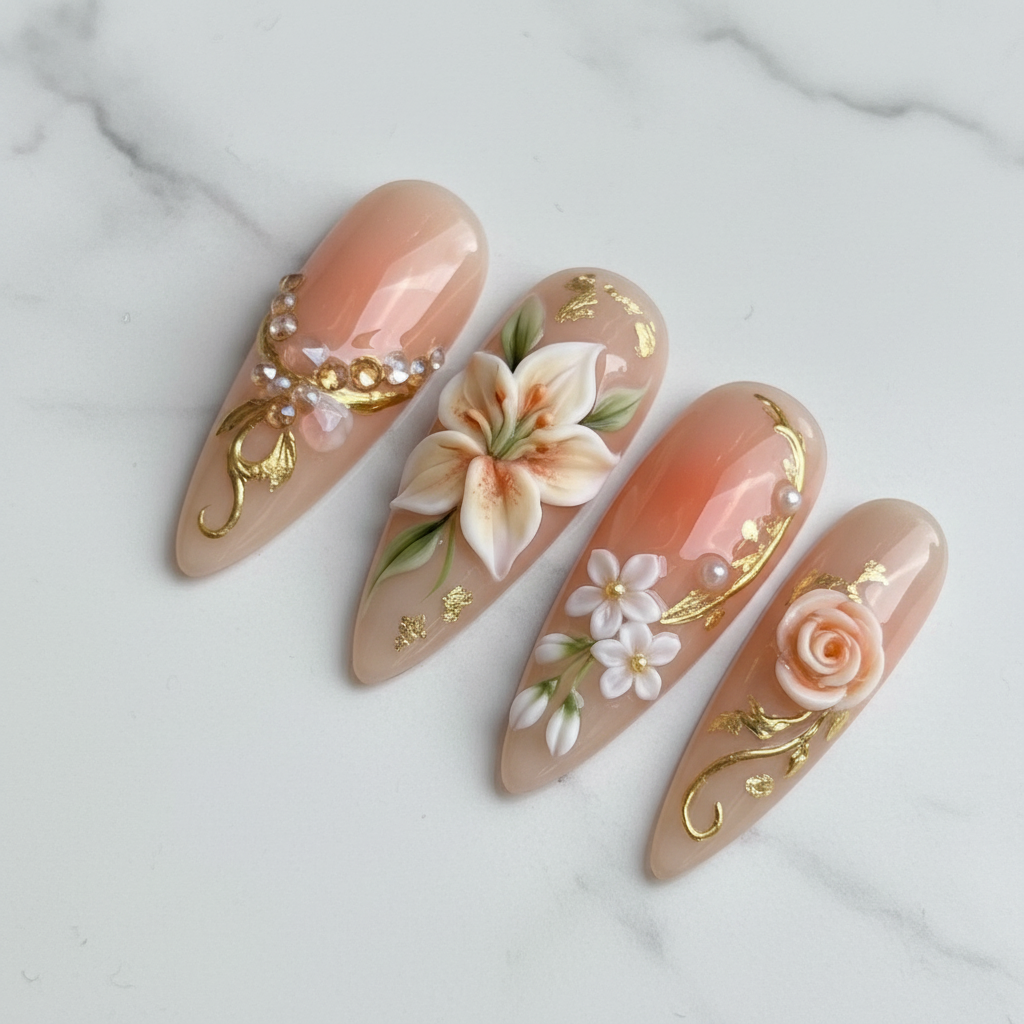 Macro white lily hand-painted gold foil press-on nails peach gradient marble — LuxepressCo