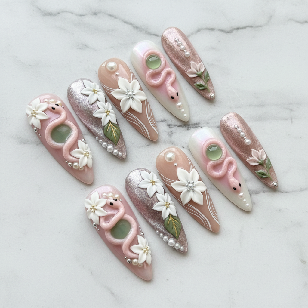 Full set 10 pink snake jade gem floral custom press-on nails on marble background — LuxepressCo