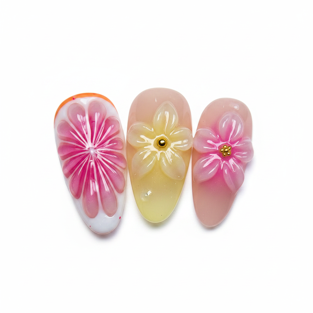 Macro close-up hot pink grapefruit citrus starburst 3D pale yellow flower 3D pink flower crystal rhinestone sheer jelly nail art — LuxepressCo