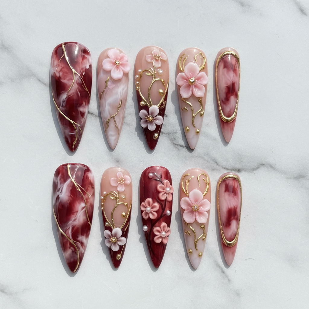 Flat lay top-down full set 10 burgundy marble 3D floral salon-quality press-on nails white marble — LuxepressCo