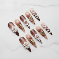 Full set 10 brown ombre 3D floral gold foil stiletto custom press-on nails on marble — LuxepressCo