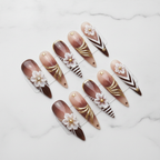 Full set 10 brown ombre 3D floral gold foil stiletto custom press-on nails on marble — LuxepressCo