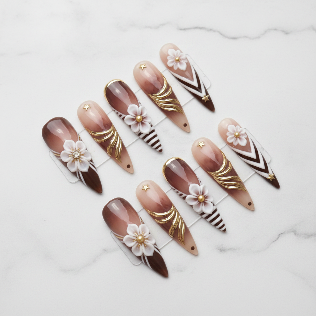 Full set 10 brown ombre 3D floral gold foil stiletto custom press-on nails on marble — LuxepressCo