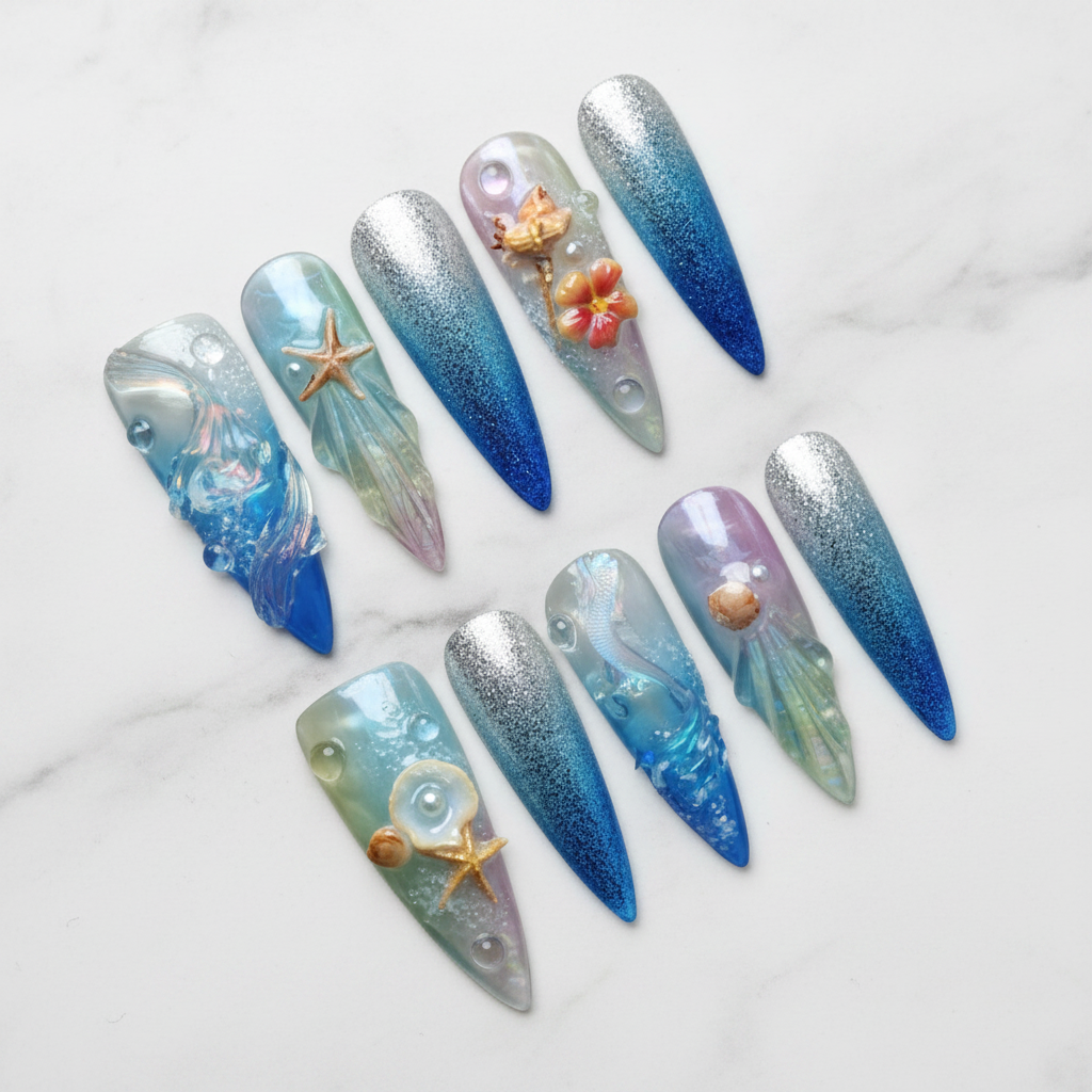 Full set 10 deep ocean blue glitter jelly underwater starfish pearl stiletto custom press-on nails on marble — LuxepressCo