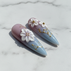 Close-up 3D lily flower gold constellation art custom press-on nails pink blue ombre glossy — LuxepressCo