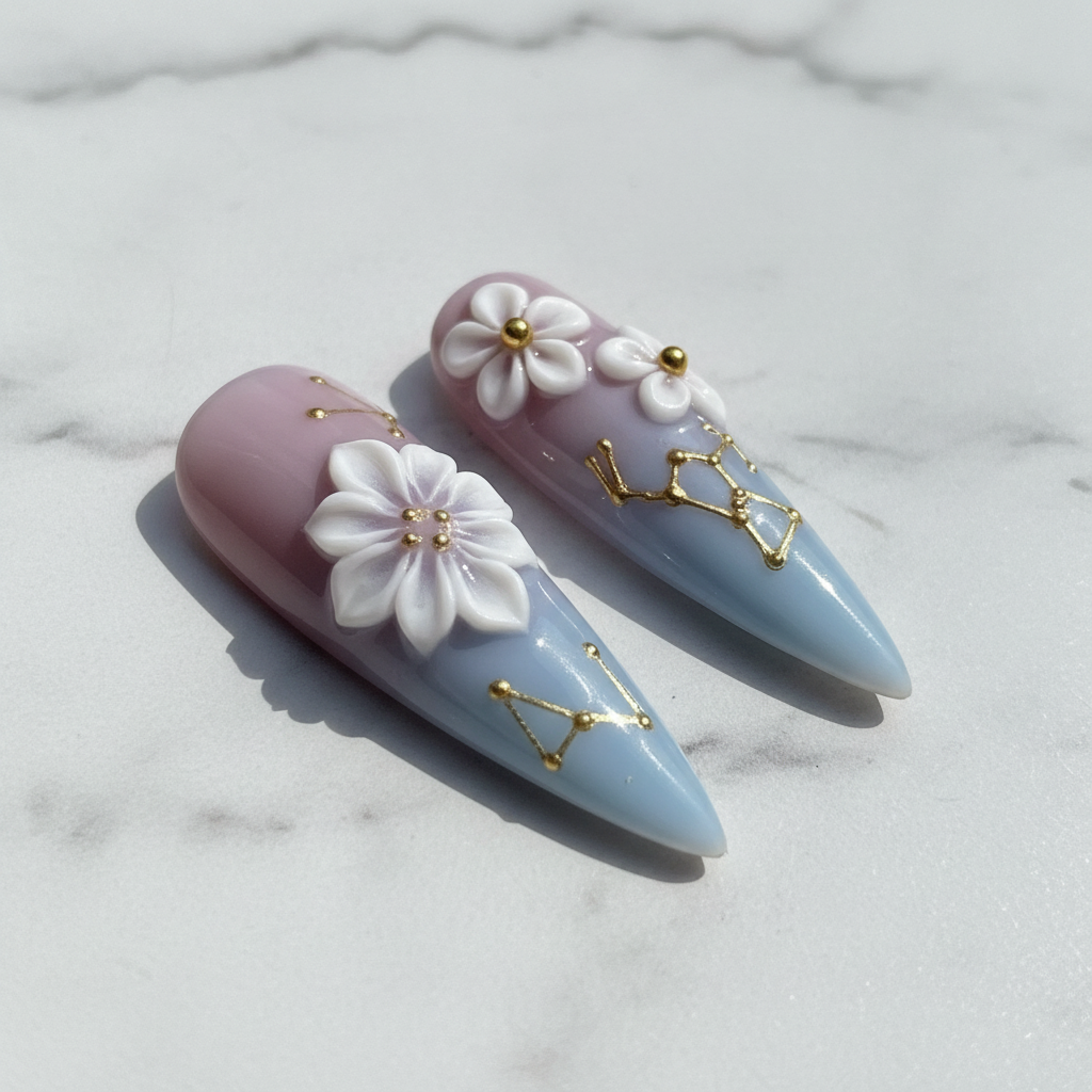 Close-up 3D lily flower gold constellation art custom press-on nails pink blue ombre glossy — LuxepressCo