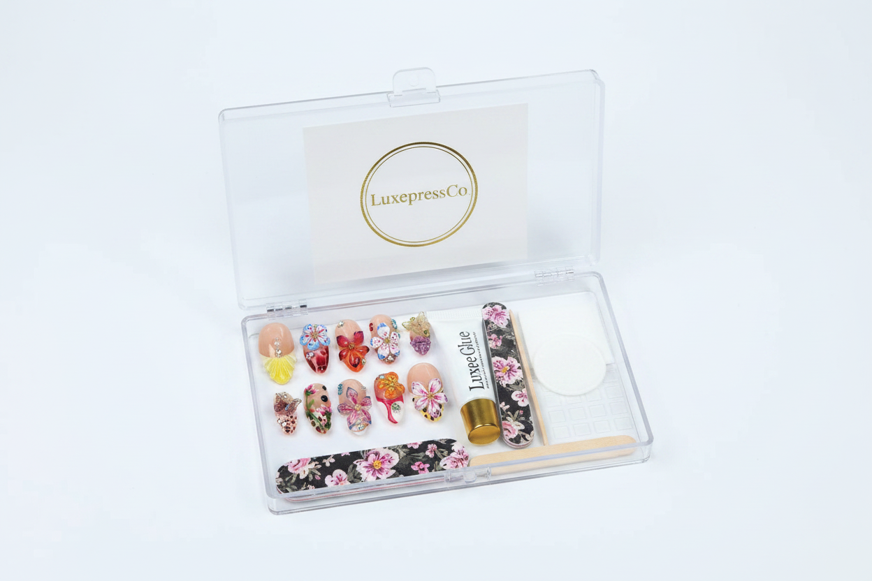 LuxepressCo acrylic packaging box open with 3D flower butterfly press-on nails set and accessories — LuxepressCo