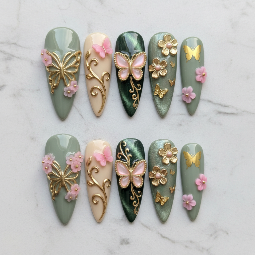 Flat lay top-down full set 10 sage green emerald butterfly floral custom press-on nails marble — LuxepressCo