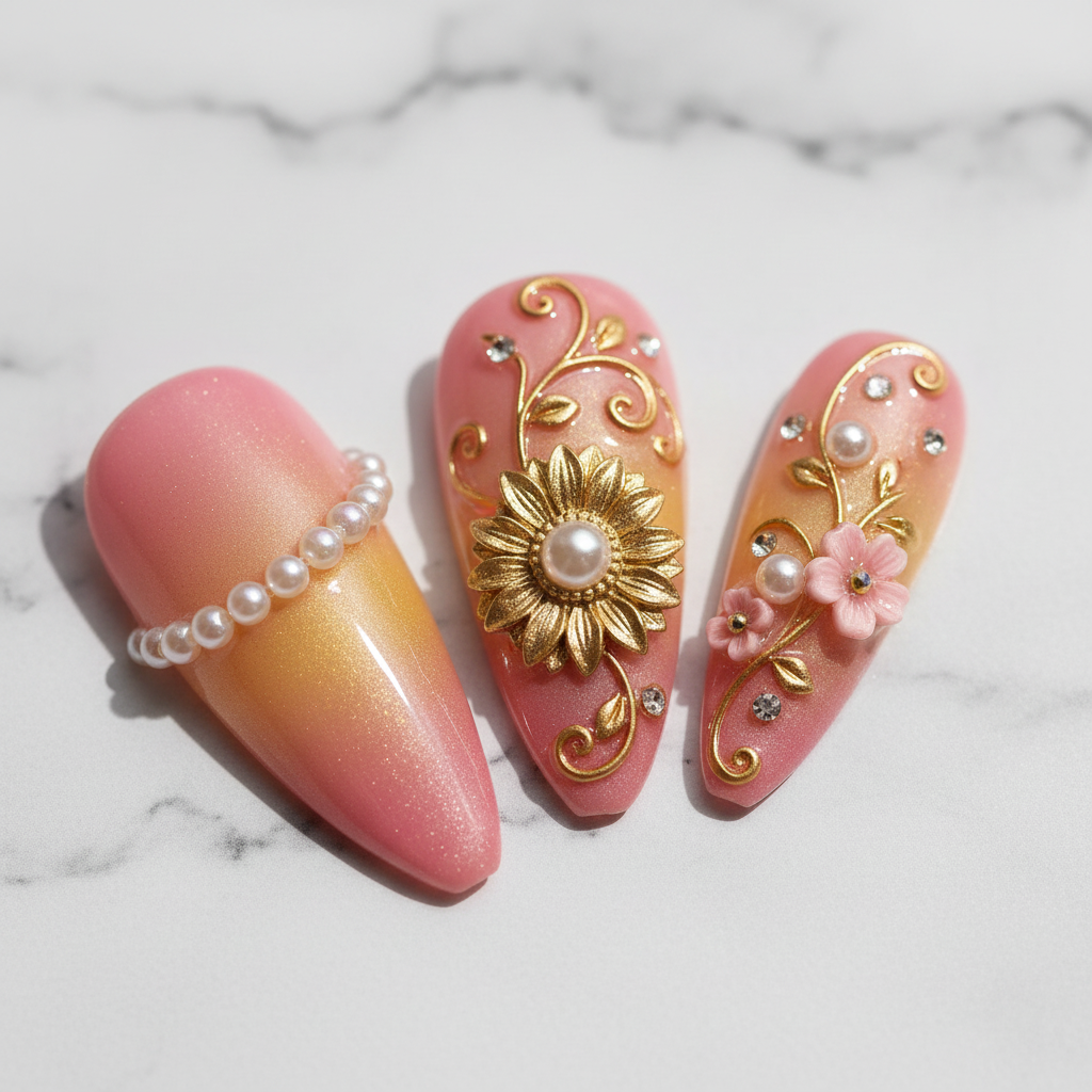 Close-up pearl chain draping gold sunflower embossment pink floral custom press-on nails marble background — LuxepressCo