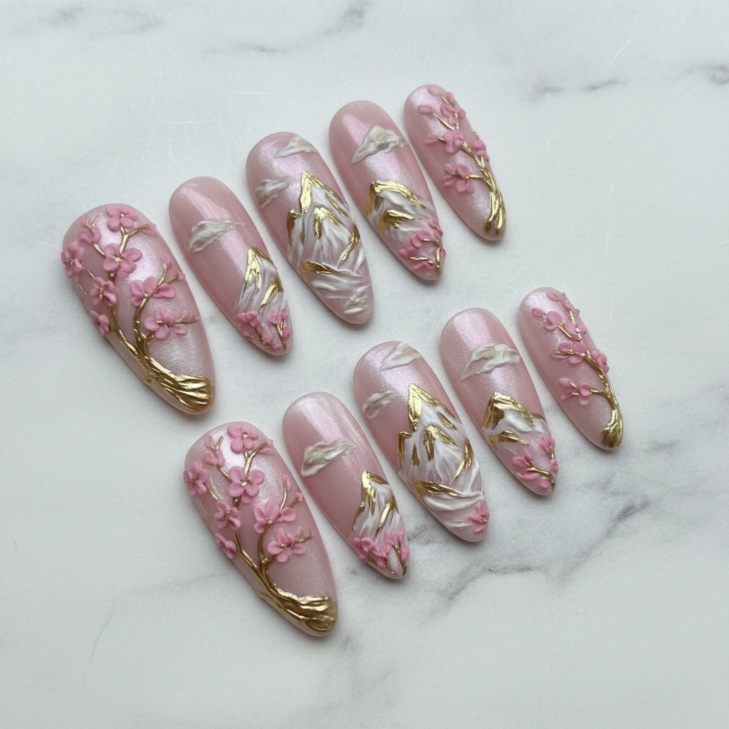 Cherry blossom mountain 3D press-on nails hero shot white marble studio custom press-on nails — LuxepressCo