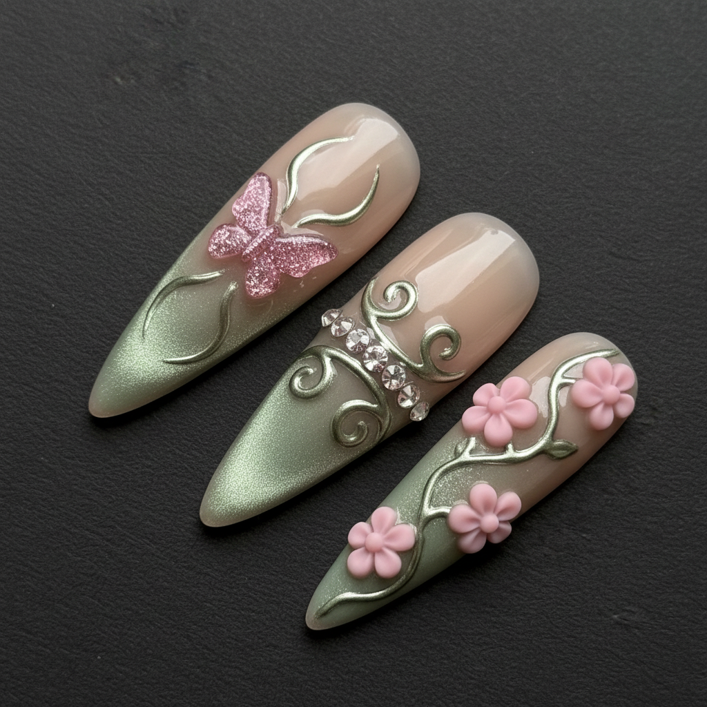 Macro close-up 3D pink flowers rhinestone butterfly charm sage green chrome custom press-on nails dramatic lighting — LuxepressCo
