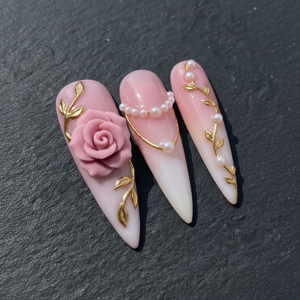 Macro close-up 3D pink rose pearl chain gold vine stiletto custom press-on nails dark background — LuxepressCo