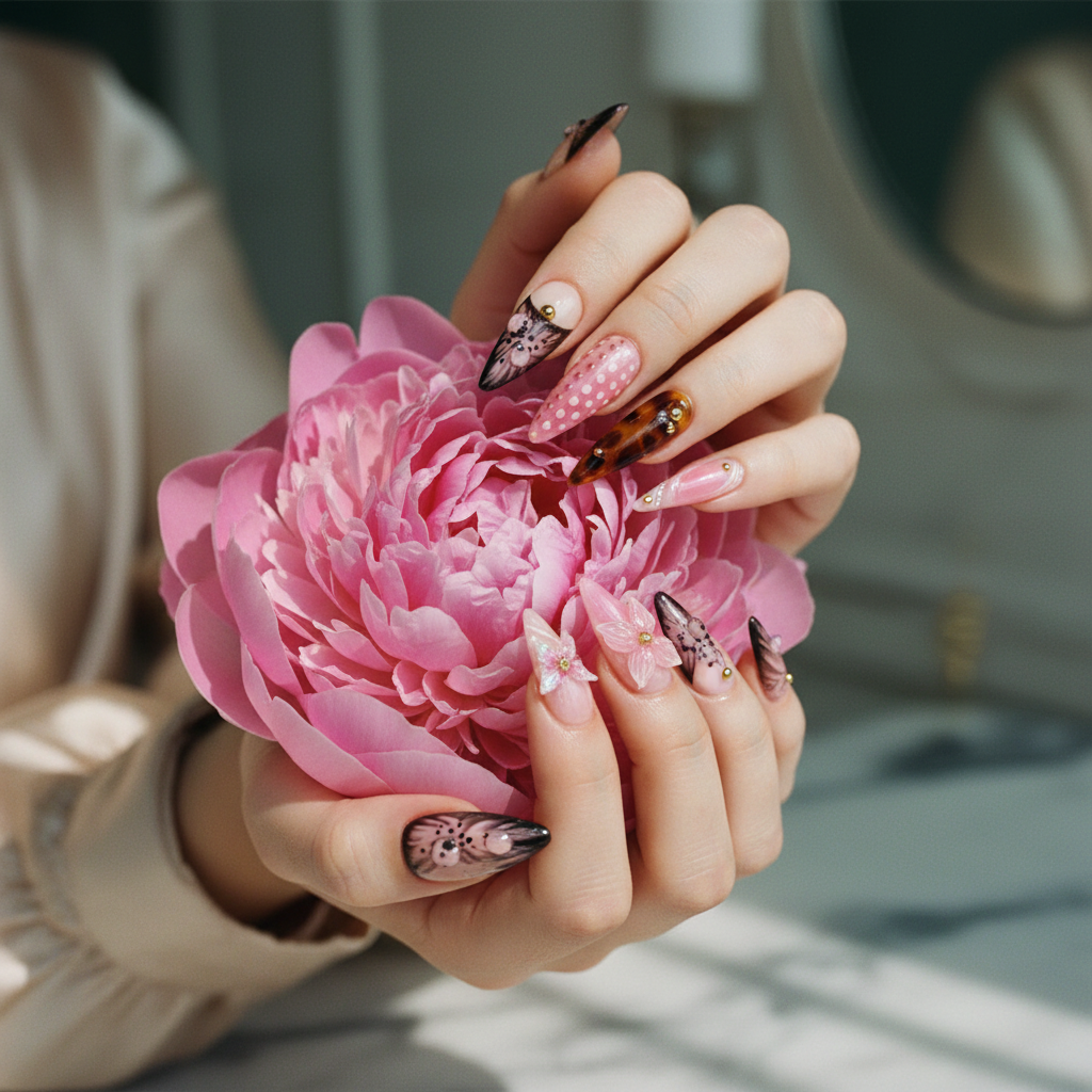 Light skin hands holding peony wearing pink floral butterfly custom press-on nails — LuxepressCo