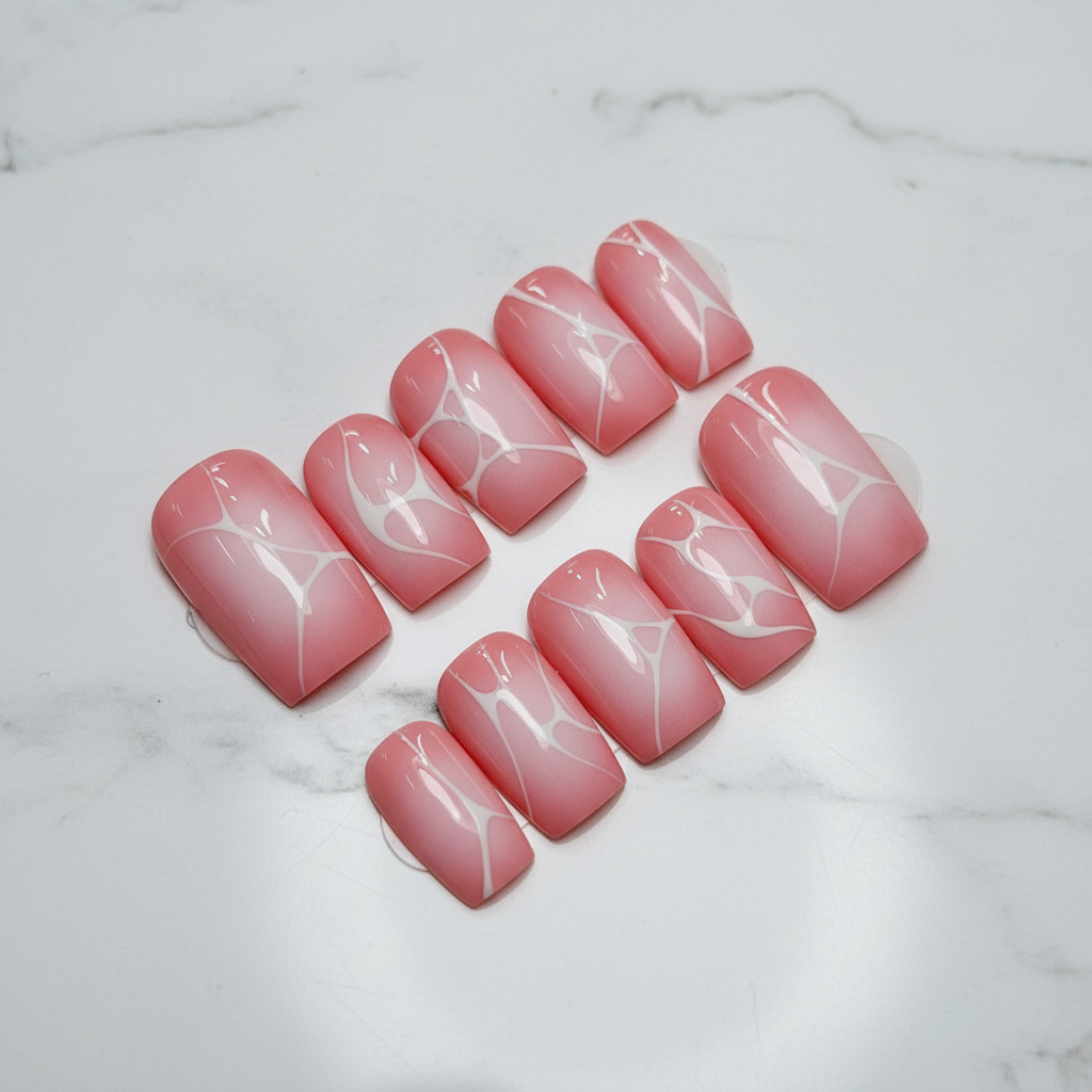 Full set pink marble web crackle press-on nails on white marble studio light custom press-on nails — LuxepressCo