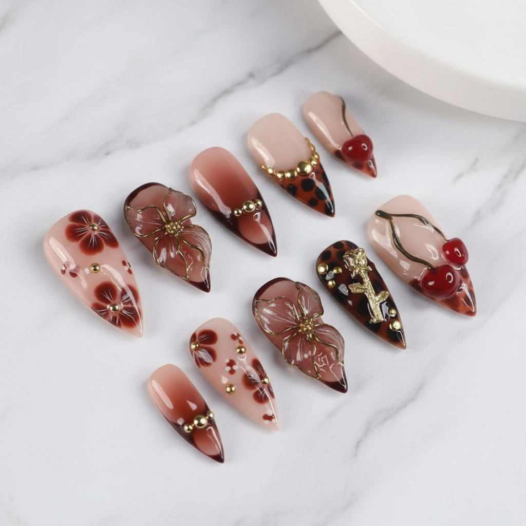 Dark leopard floral 3D gold flower stiletto custom press-on nails brown ombre full set flat lay — LuxepressCo