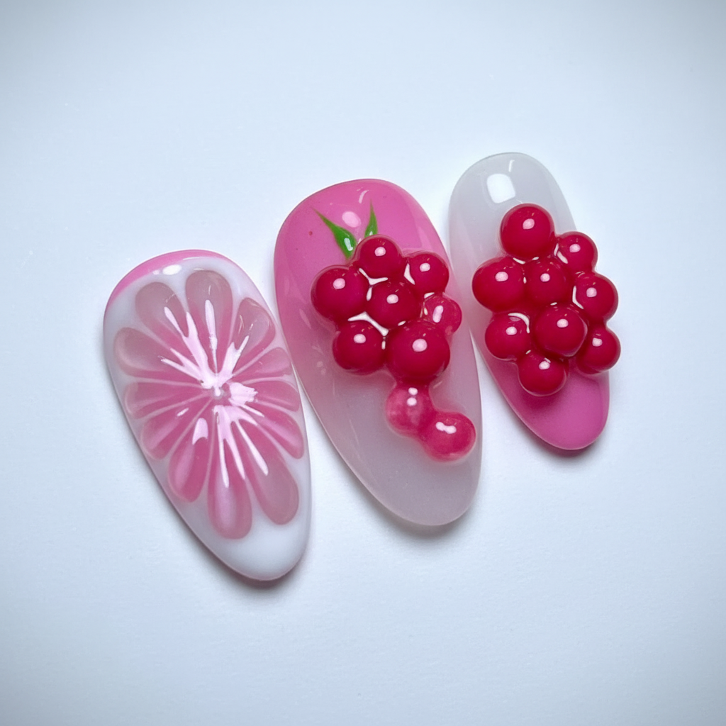 Macro close-up pink jelly grapefruit citrus 3D cherry pomegranate gel bead nail art — LuxepressCo