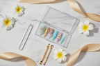 Luxury acrylic box unboxing pastel watercolor chrome 3D plumeria pearl almond custom press-on nails with accessories — LuxepressCo