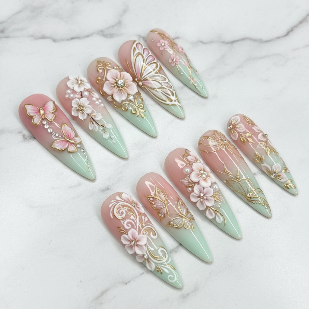 3D pink butterfly gold baroque floral pearl press-on nails hero shot white marble studio custom press-on nails — LuxepressCo