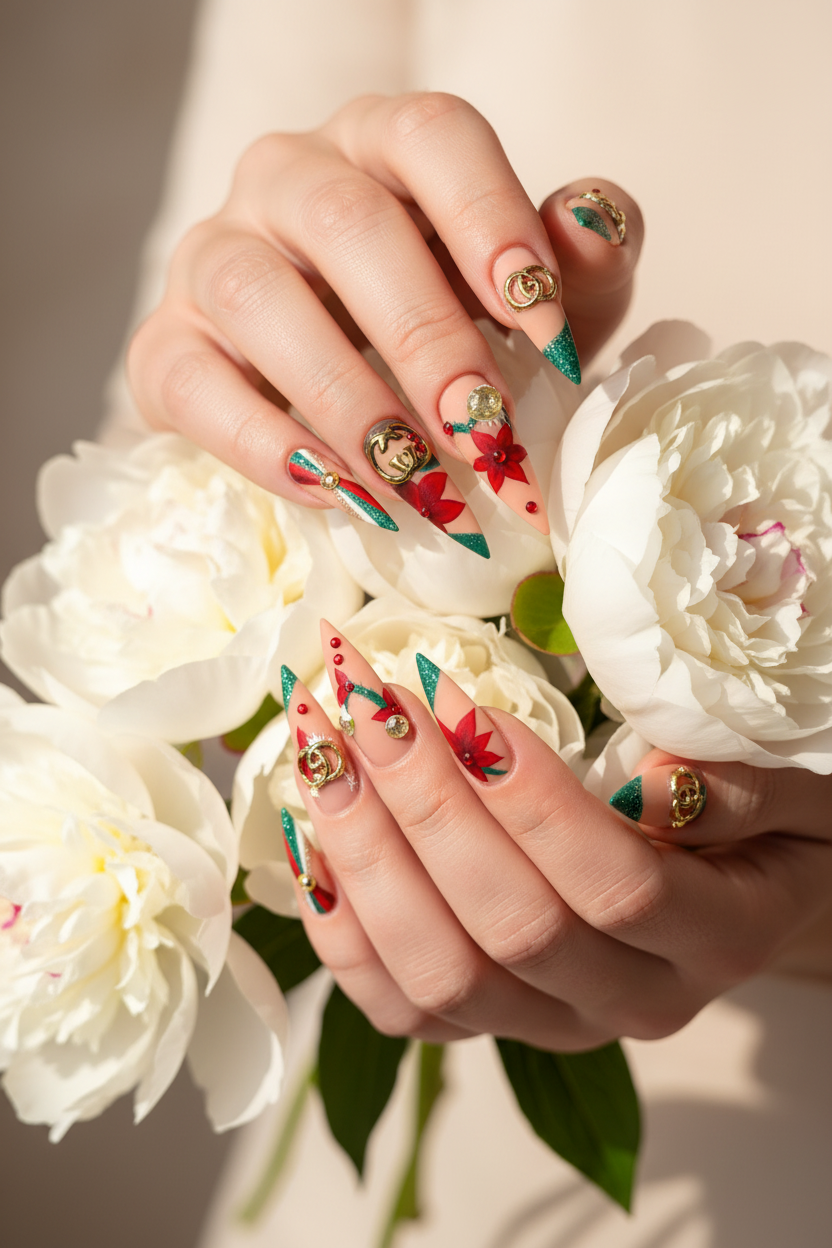 Fair-skin lifestyle custom press-on nails Christmas poinsettia red green gold stiletto holding flowers — LuxepressCo