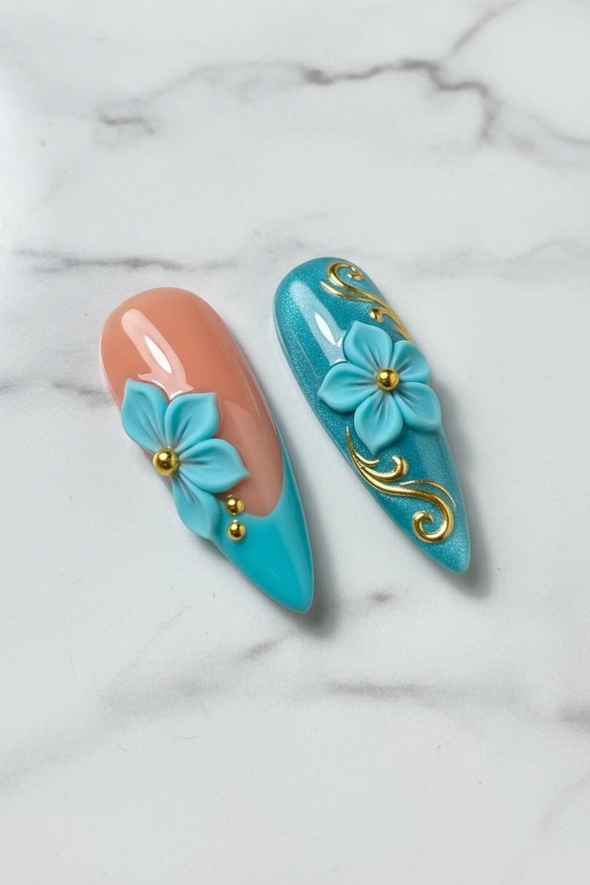 Macro close-up teal shimmer V-French gold filigree 3D flower press-on nails marble background — LuxepressCo