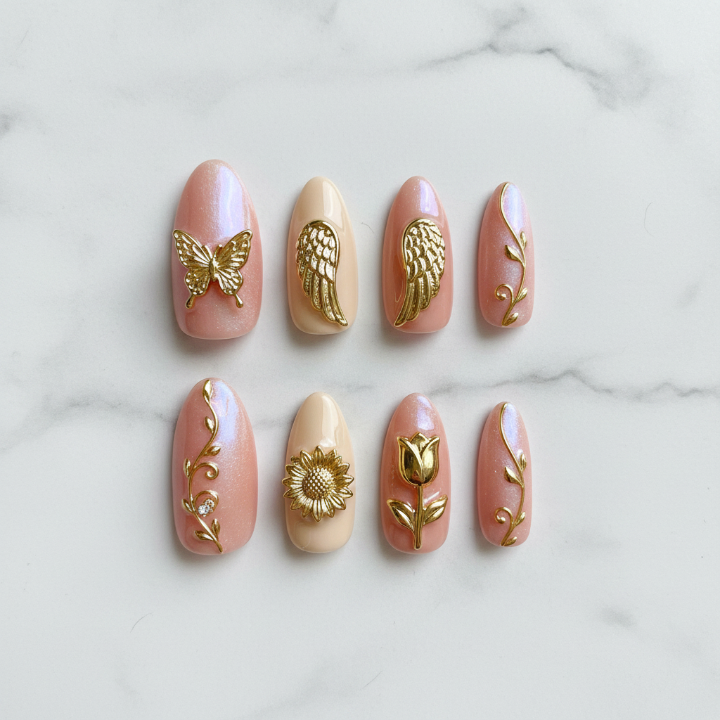 Gold chrome butterfly angel wing 3D custom press-on nails blush pink aurora flat lay overhead — LuxepressCo