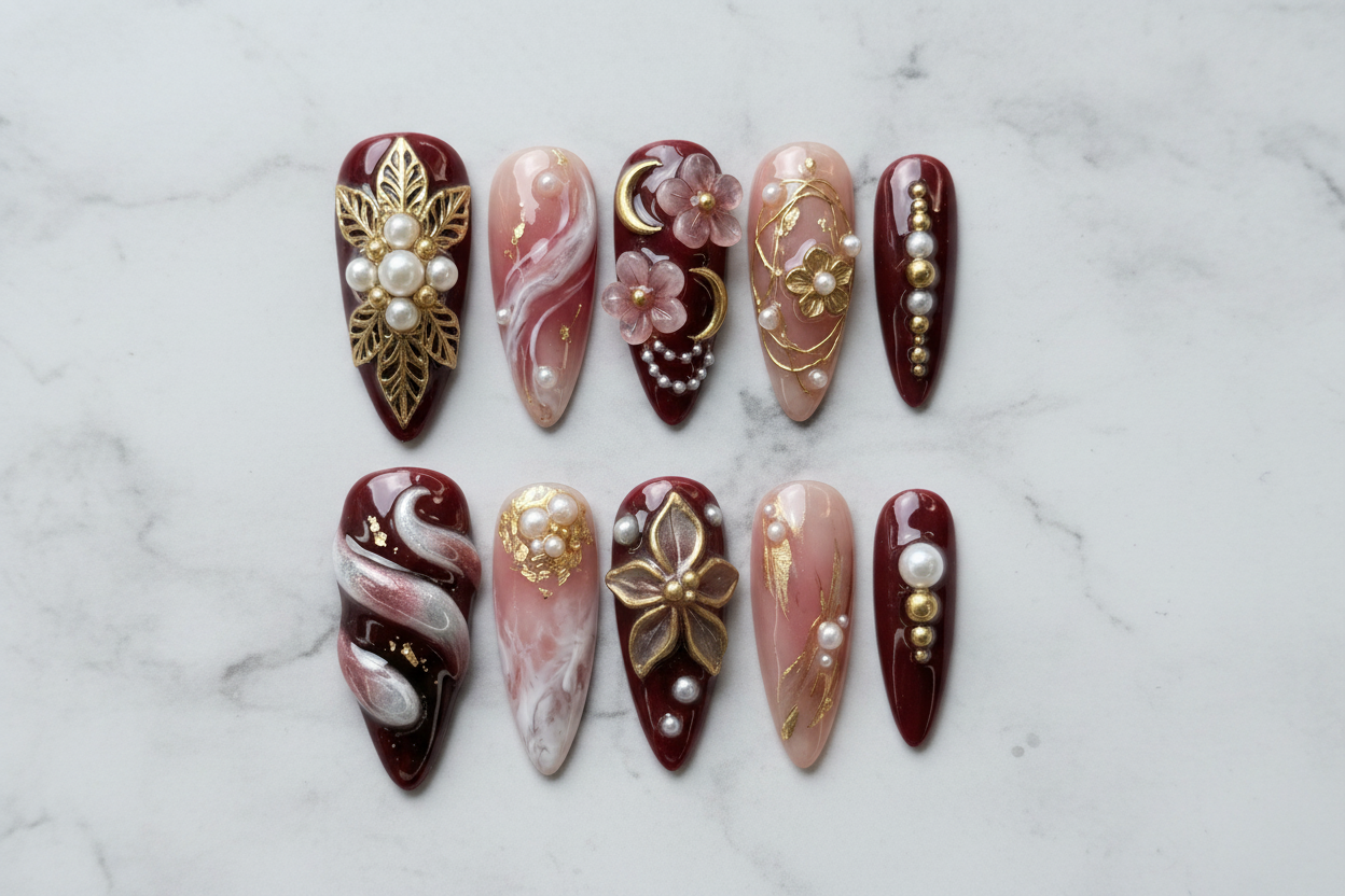 Full set 10 burgundy gold 3D floral pearl custom press-on nails on white marble background — LuxepressCo