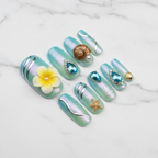 Full set 10 mint blue aurora pearl chrome 3D plumeria snail shell crystal almond custom press-on nails on marble — LuxepressCo