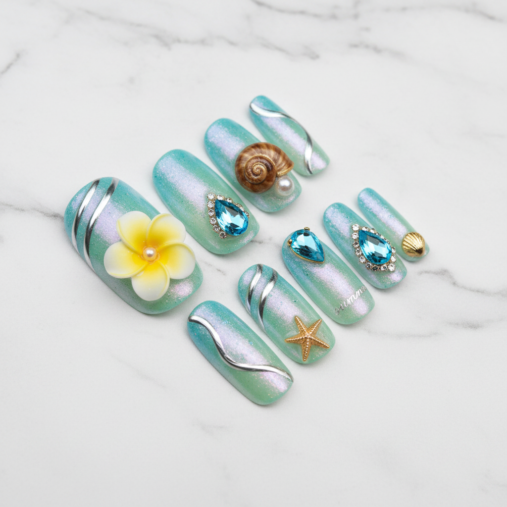 Full set 10 mint blue aurora pearl chrome 3D plumeria snail shell crystal almond custom press-on nails on marble — LuxepressCo