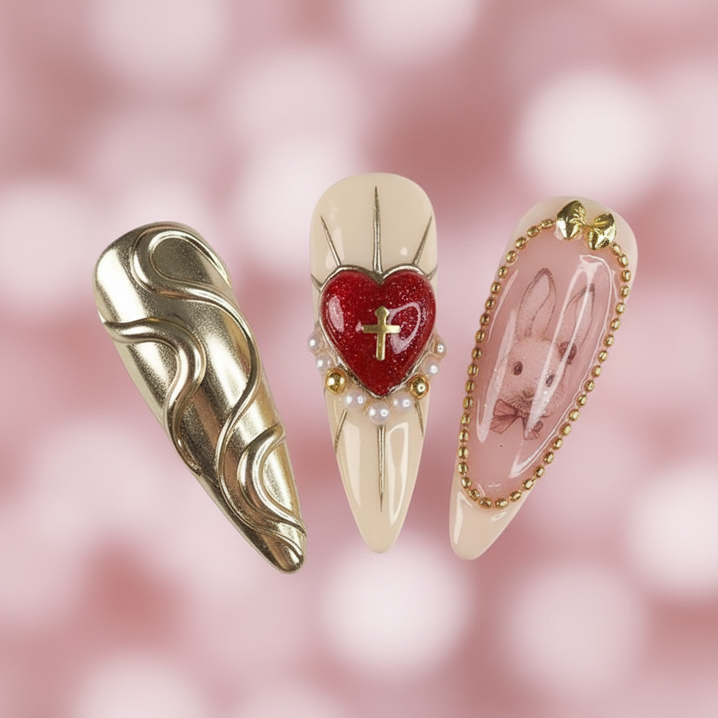 Macro close-up 3D chrome heart cross charm salon-quality nails — LuxepressCo
