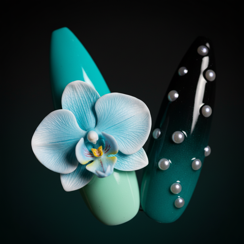Macro close-up teal ombre 3D orchid pearl dot salon-quality stiletto press-on nails — LuxepressCo