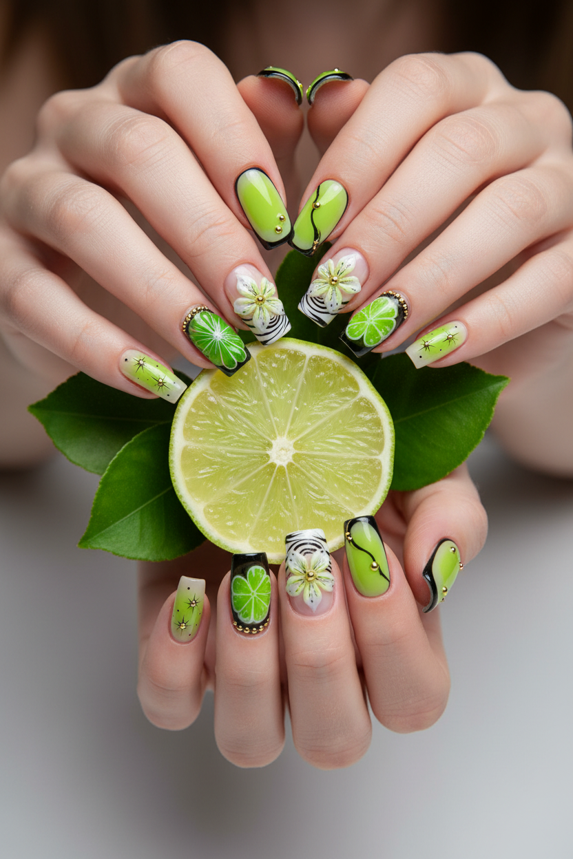 Fair skin hands wearing malachite noir square custom press-on nails holding fresh lime and green leaves — LuxepressCo