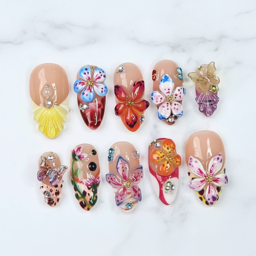 3D flower butterfly custom press-on nails short oval nude full set on marble studio — LuxepressCo