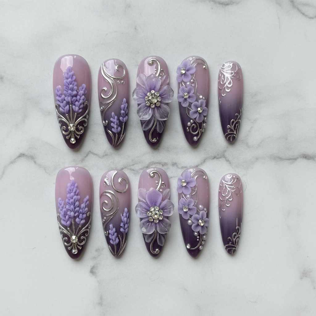 Flat lay top-down view 10 purple lavender 3D floral rhinestone press-on nails white marble background custom press-on nails — LuxepressCo