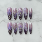 Flat lay top-down view 10 purple lavender 3D floral rhinestone press-on nails white marble background custom press-on nails — LuxepressCo