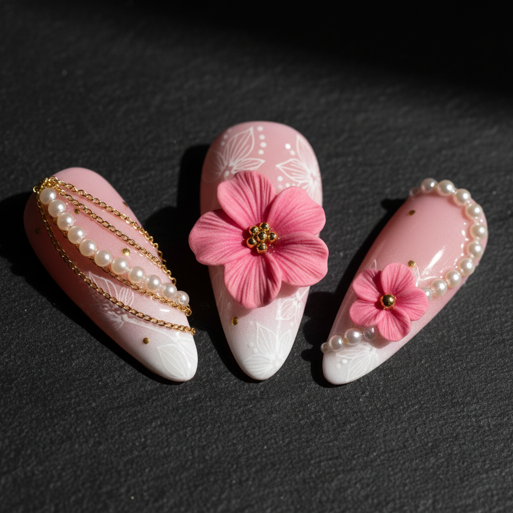 Close-up macro 3D pink flower embellishment pearl chain gold bead custom press-on nails dramatic lighting — LuxepressCo
