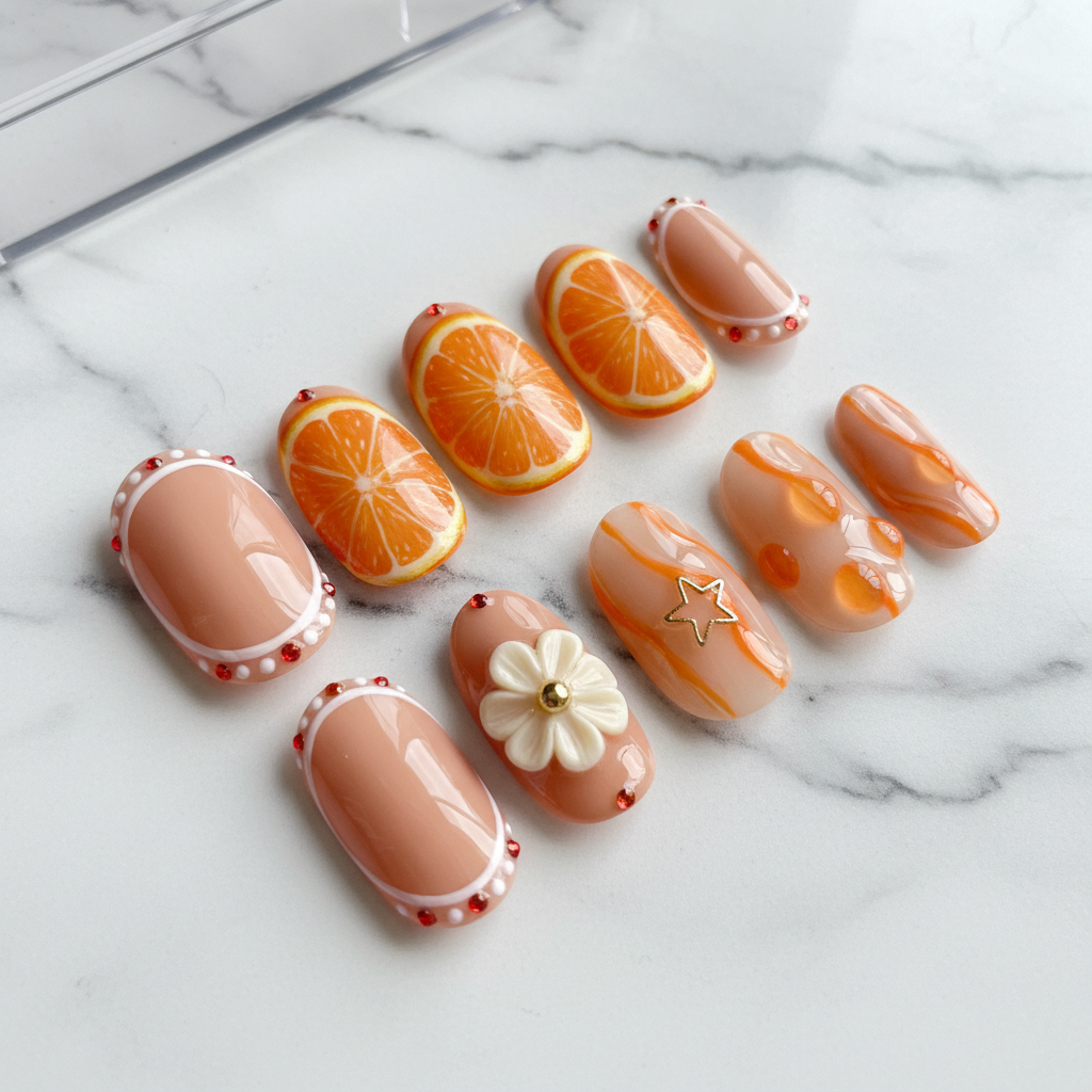 Full set 10 nude orange citrus 3D flower gold star charm custom press-on nails on marble — LuxepressCo