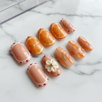 Full set 10 nude orange citrus 3D flower gold star charm custom press-on nails on marble — LuxepressCo