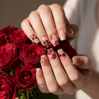 Light skin hands holding red rose wearing burgundy hibiscus 3D gold flower custom press-on nails — LuxepressCo