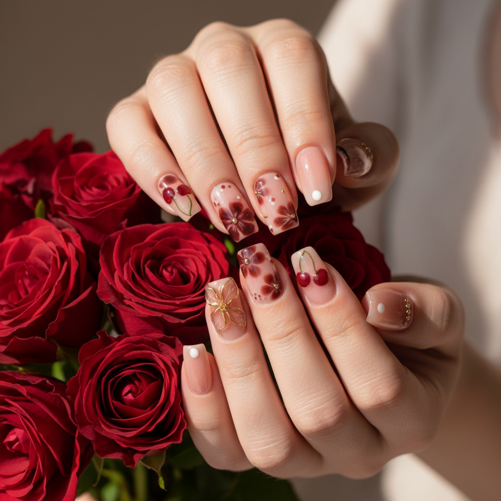 Light skin hands holding red rose wearing burgundy hibiscus 3D gold flower custom press-on nails — LuxepressCo