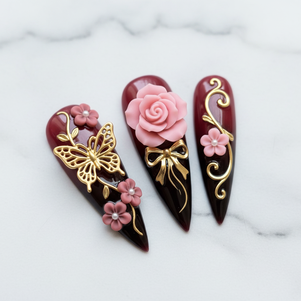 Close-up burgundy press-on nails 3D pink rose gold bow swirl vine floral pearl salon-quality nails — LuxepressCo