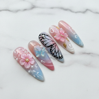 Full set 10 aurora pink blue 3D butterfly floral custom press-on nails on marble — LuxepressCo