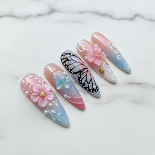 Full set 10 aurora pink blue 3D butterfly floral custom press-on nails on marble — LuxepressCo