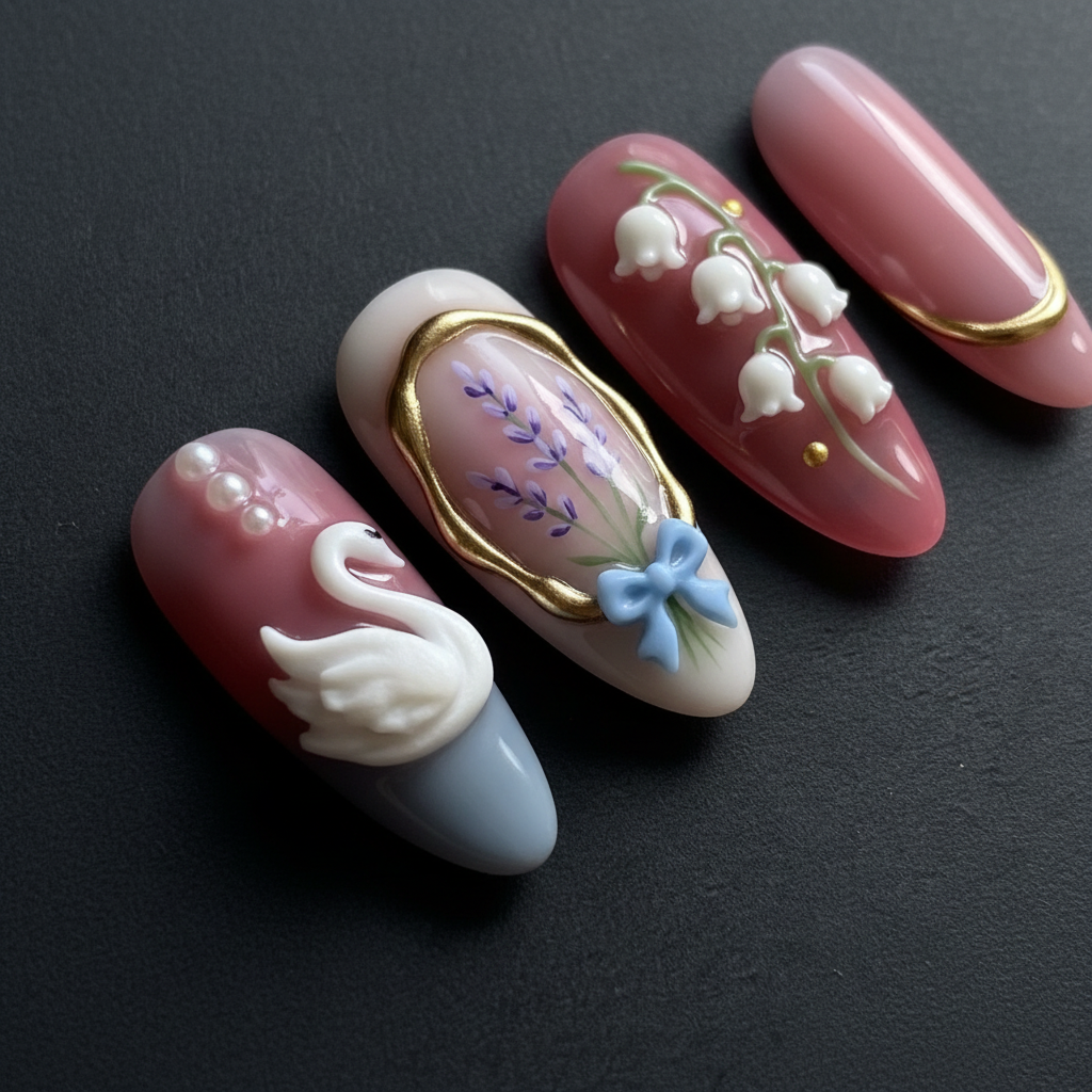 Gold cameo lavender bouquet 3D blue bow swan custom press-on nails macro dramatic — LuxepressCo