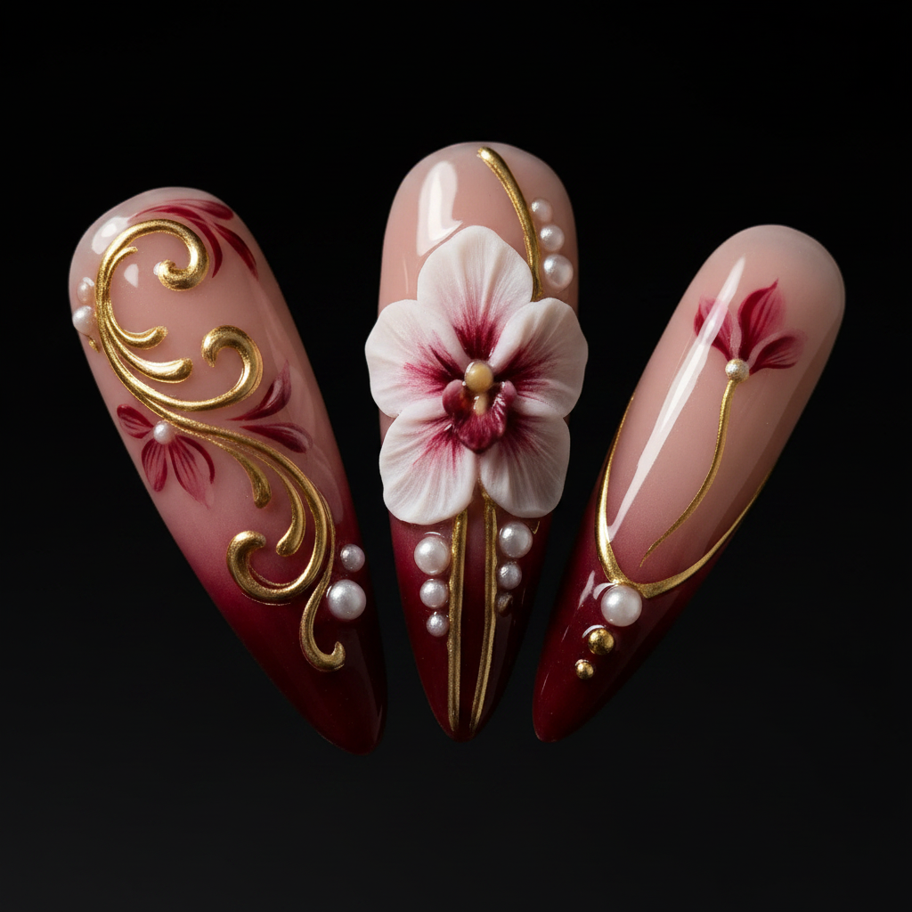 Close-up macro 3D white orchid pearl center gold filigree swirl crimson ombre custom press-on nails — LuxepressCo