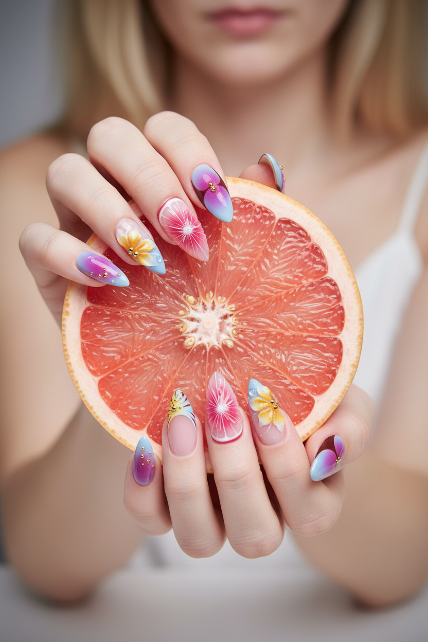 Fair skin hands wearing aurora daisy 3D floral custom press-on nails holding pink grapefruit — LuxepressCo
