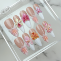 Full set 10 nude blush French tip 3D botanical floral pearl custom press-on nails on marble — LuxepressCo